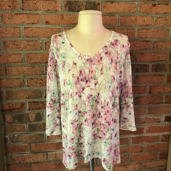 J. Jill Sweater Womens Medium Pink Floral Linen Blend Lightweight 3/4 Sleeves - Picture 3 of 11
